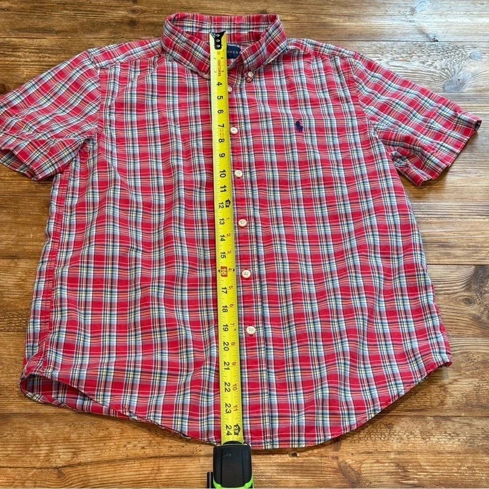 Ralph Lauren Red Tartan Plaid Button Short Sleeve Shirt Boy's Sz Large 14-16 EUC